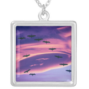 A photo composite of Sandhill cranes in flight Silver Plated Necklace