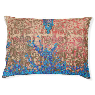 a picture of a blue and beige scarf pet bed