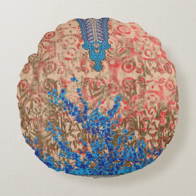 a picture of a blue and beige scarf round pillow (Front)