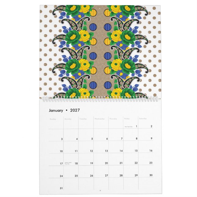 a picture of a pattern that looks like a peacock calendar (Jan 2027)