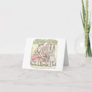 A picture of a three naked-footed girl sitting in note card