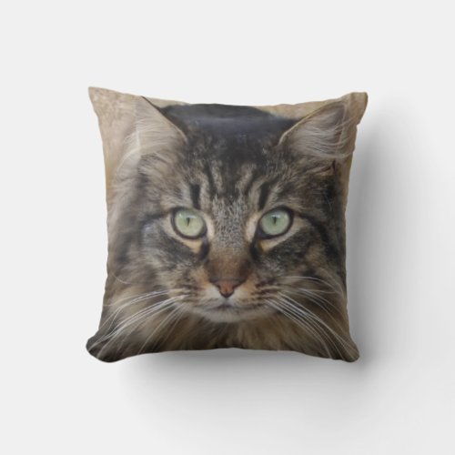 A picture of a tiger cat with wonderful fur throw pillow