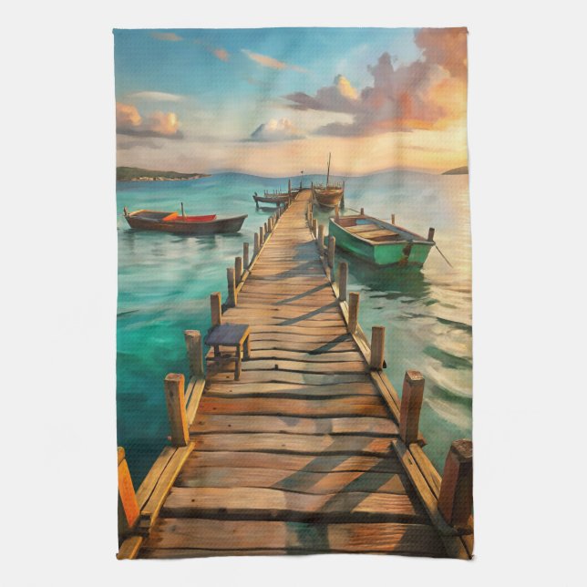 A Pier with Boats Kitchen Towel (Vertical)