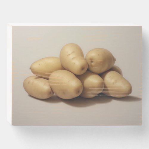 A Pile of Potatoes with a Brown Background Wooden Box Sign