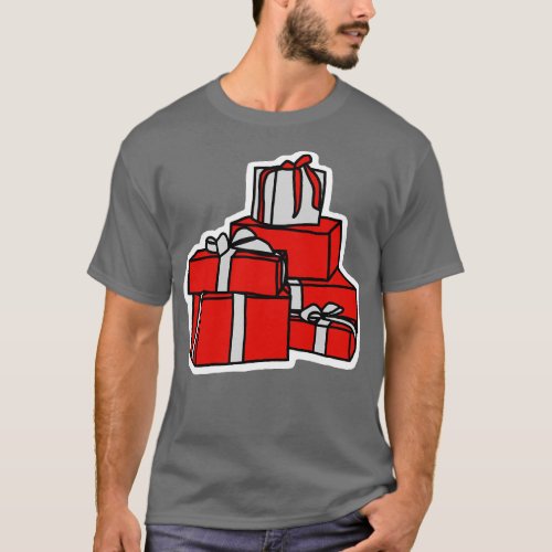 A Pile of Wrapped Gift Boxes in Red and Silver for T_Shirt