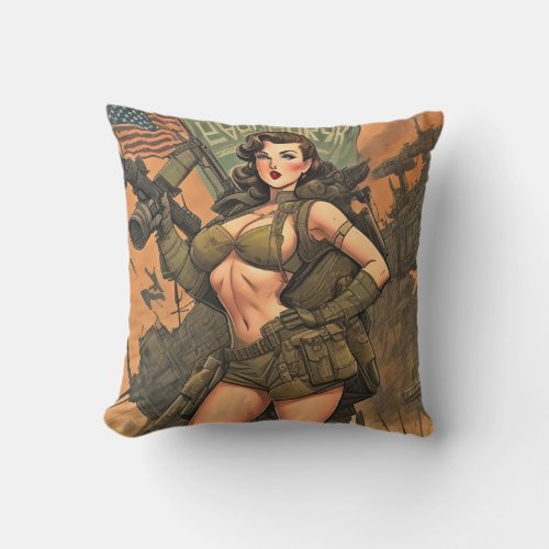 A Pin_Up Heroine in a Post_Apocalyptic World Throw Pillow