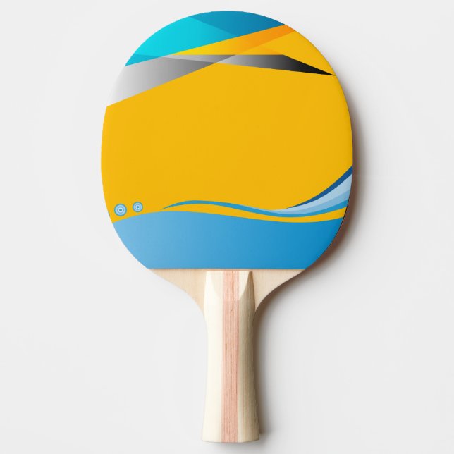 A Ping Pong paddle with a yellow and blue design (Front)
