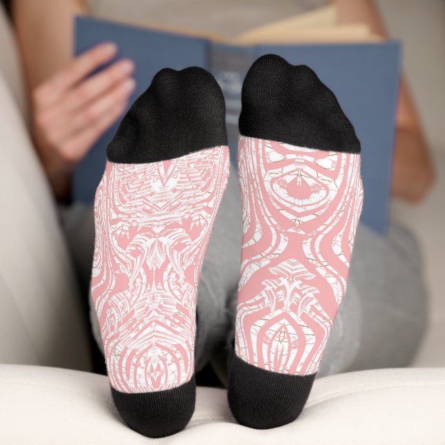 a pink and white abstract design on a white backgr socks (Bottom)