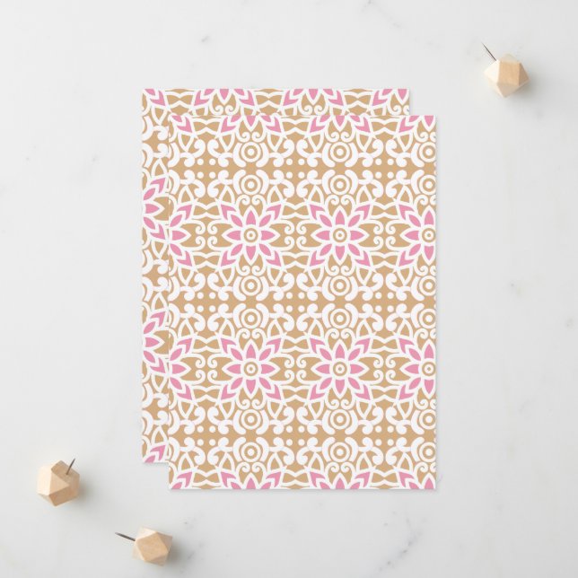 a pink and white flower pattern on a brown backgro announcement (Front/Back In Situ)