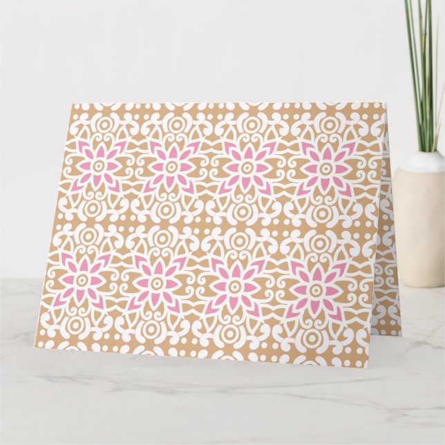 a pink and white flower pattern on a brown backgro thank you card (Front)