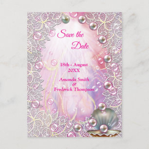 A Pink and White Marble Finish with Brushed Gold Announcement Postcard