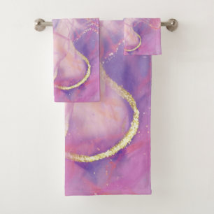 A Pink and White Marble Finish with Brushed Gold  Bath Towel Set