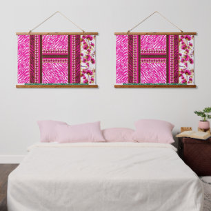 a pink and white wallpaper with a cross on it hanging tapestry