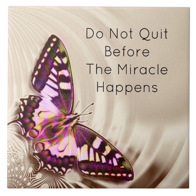 A pink butterfly on a cream satin background ceramic tile (Front)