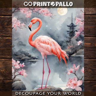 A pink flamingo in a japanese lake - Decoupage  Wrapping Paper Sheets