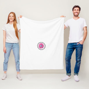 a pink flower with a blue center on a white backgr fleece blanket