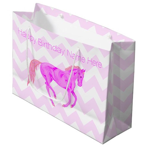 A Pink Pony Cute Chevron Pattern Happy Birthday Large Gift Bag