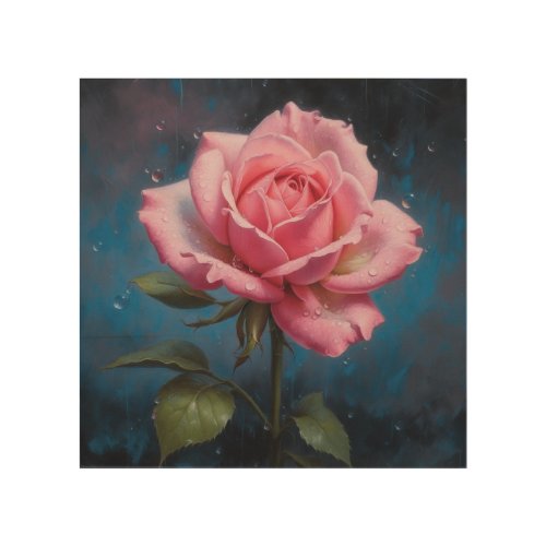 A pink rose with dew drops on its petals wood wall art