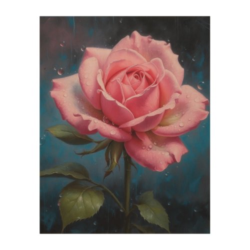 A pink rose with dew drops on its petals wood wall art