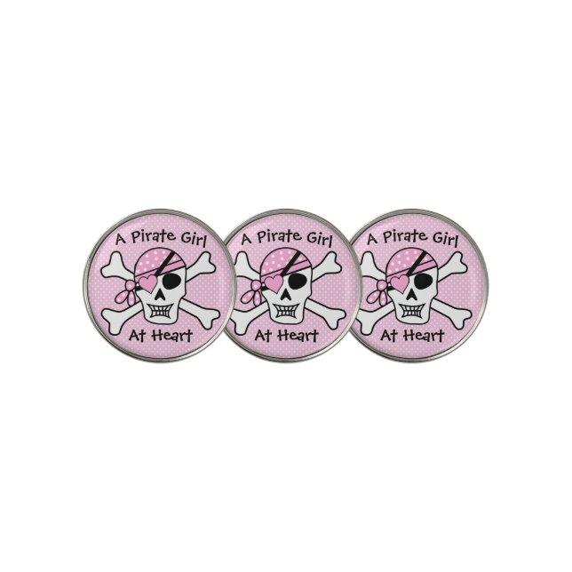 A Pirate Girl At Heart Pink Cute Girly Skull  Golf Ball Marker (3 Up)