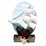 A Pirate Ship Cutout<br><div class="desc">Digital artwork of a pirate ship in a white oval border, with a pirate skull and two treasure chests.</div>
