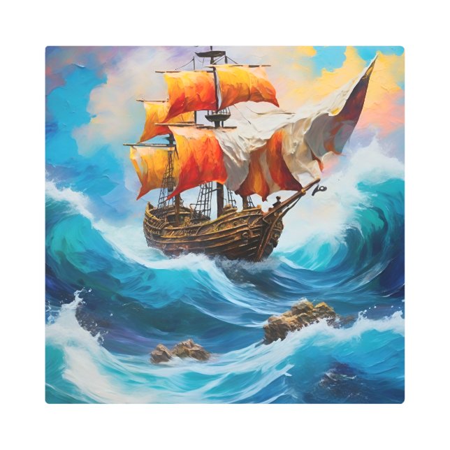 A Pirate Ship in a Wave of Water Metal Print (Front)