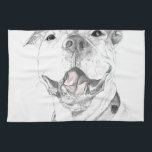 A Pit Bull Smile Kitchen Towel<br><div class="desc">Originally drawn and sketched. Digitally revised to add the pink tongue and strengthen contrast. Keywords: puppy,  labrador,  pit bull,  Pearl,  smiling dog,  american staffordshire terrier,  retriever,  dog,  sepia,  monochromatic,  sketch,  drawing</div>