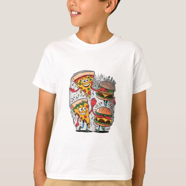 A pizza slice high-fiving a burger. T-Shirt (Front)