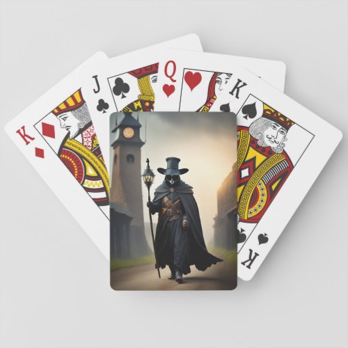 A plague doctor holding a staff in one  poker cards