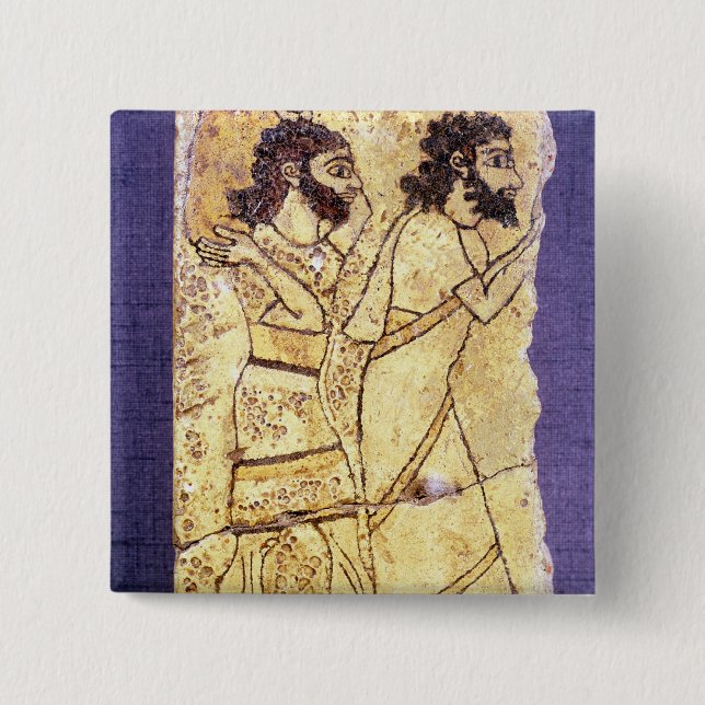 A plaque depicting two men walking button (Front)