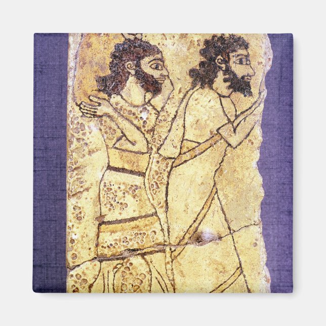 A plaque depicting two men walking magnet (Front)