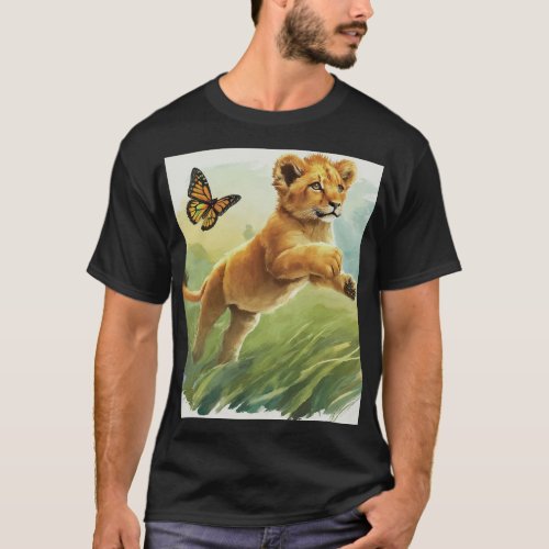  a playful baby lion cub pouncing on a butterfly  T_Shirt