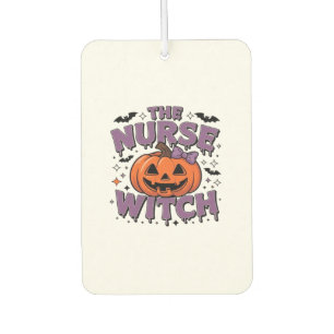A playful design featuring a pumpkin witch with a air freshener