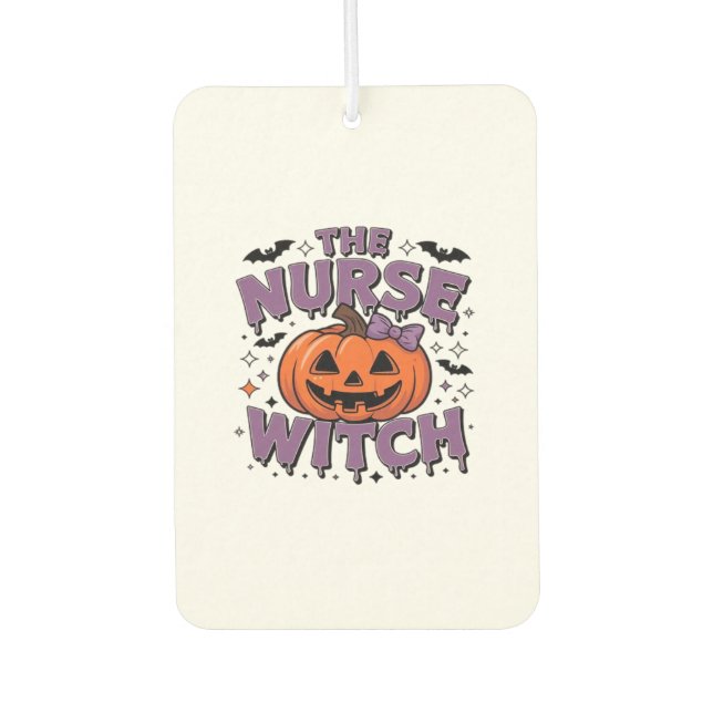 A playful design featuring a pumpkin witch with a  air freshener (Front)
