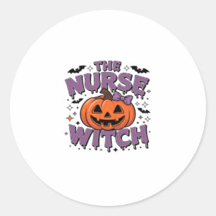A playful design featuring a pumpkin witch with a classic round sticker