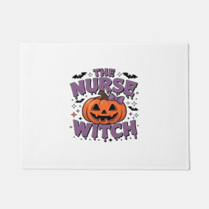 A playful design featuring a pumpkin witch with a doormat