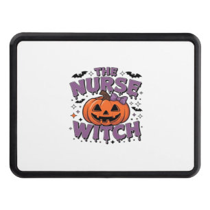 A playful design featuring a pumpkin witch with a  hitch cover