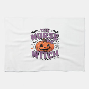 A playful design featuring a pumpkin witch with a kitchen towel