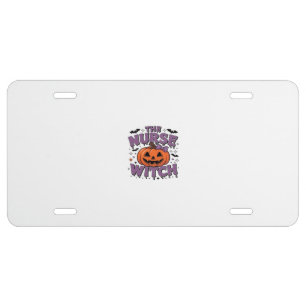 A playful design featuring a pumpkin witch with a  license plate