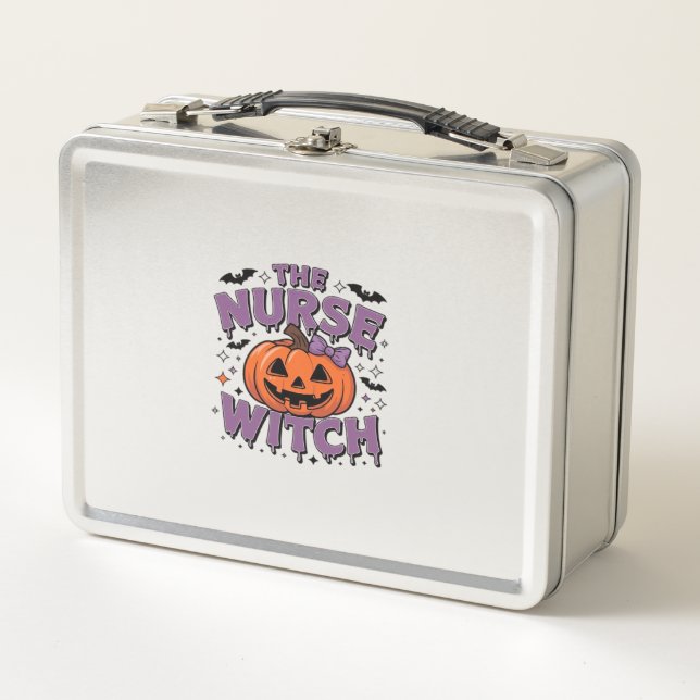 A playful design featuring a pumpkin witch with a  metal lunch box (Front)