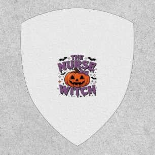 A playful design featuring a pumpkin witch with a patch