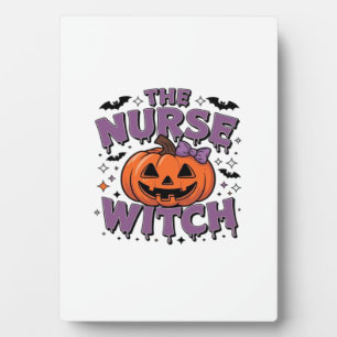 A playful design featuring a pumpkin witch with a plaque