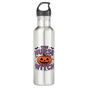 A playful design featuring a pumpkin witch with a stainless steel water bottle