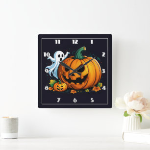 A playful ghost and carved pumpkin for Halloween Square Wall Clock