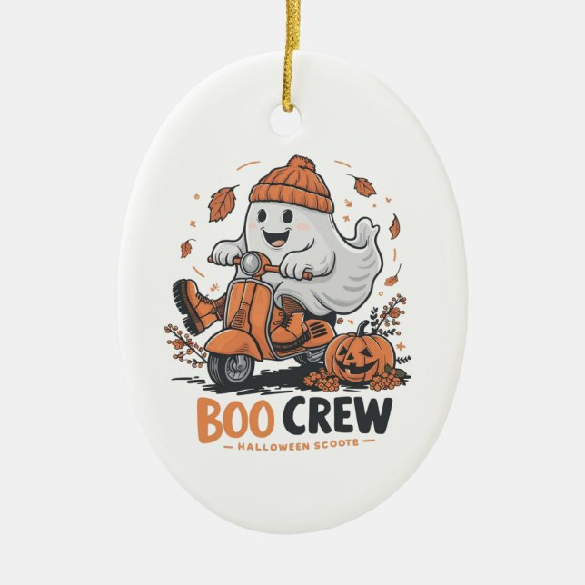 A playful ghost riding a scooter ceramic ornament (Front)