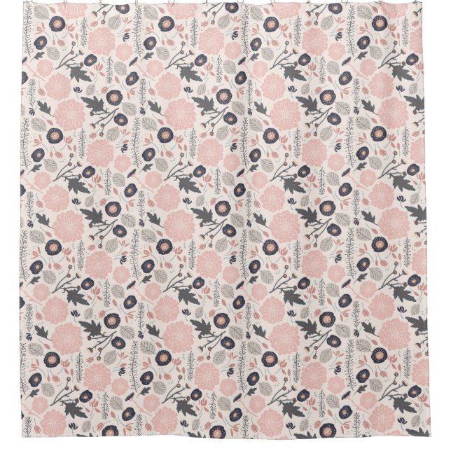 A Playful Tossed Floral Pattern Gray Pink Black Shower Curtain (Front)