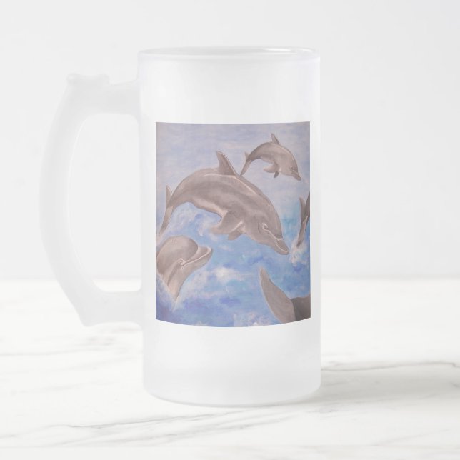 A Pod of Playful Jumping Dolphins Frosted Glass Beer Mug (Left)