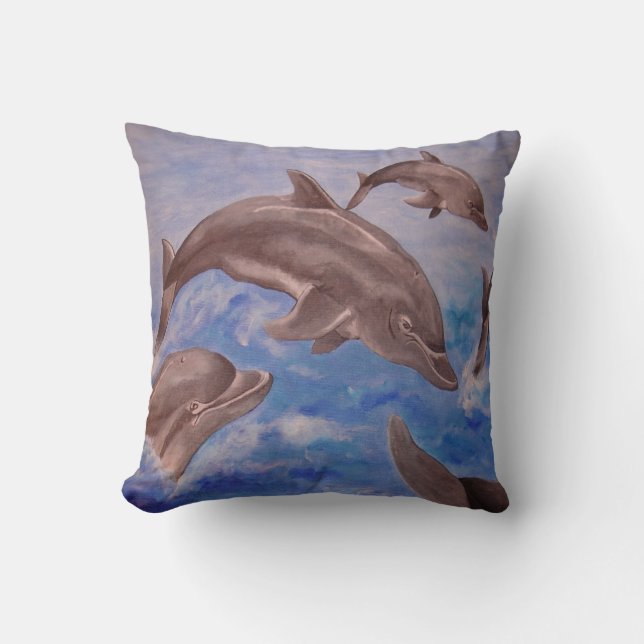 A Pod of Playful Jumping Dolphins Throw Pillow (Front)