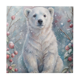 A Polar Bear Cub in Winter Ceramic Tile