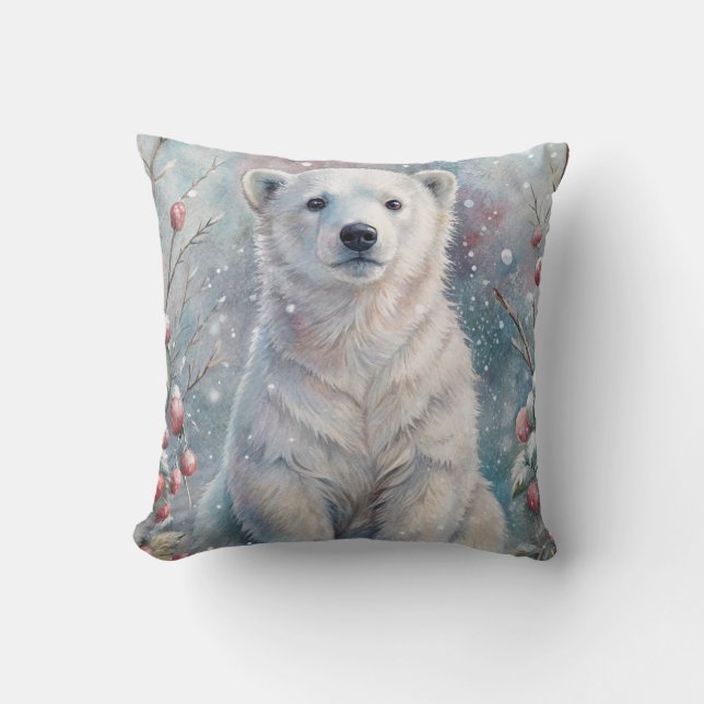 A Polar Bear Cub in Winter Throw Pillow (Front)